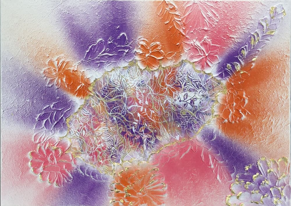 Abstraktně namalovaný obraz akrylem s názvem: Květová