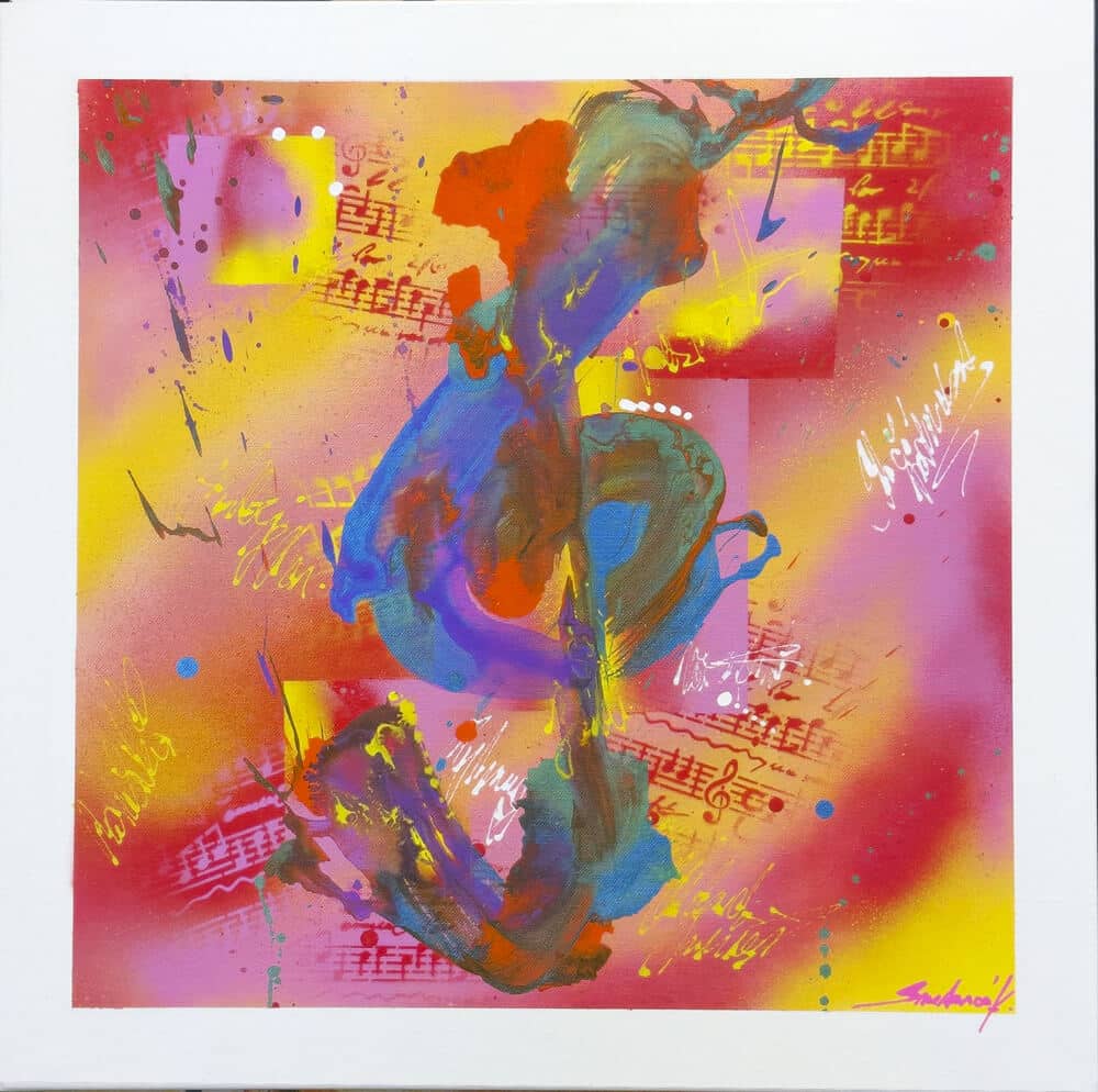 Abstraktně namalovaný obraz akrylem s názvem: Rytmus barev