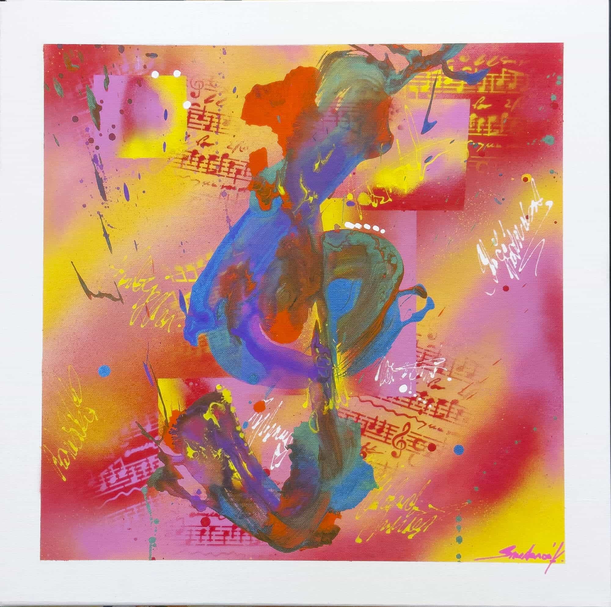 Abstraktně namalovaný obraz akrylem s názvem: Rytmus barev