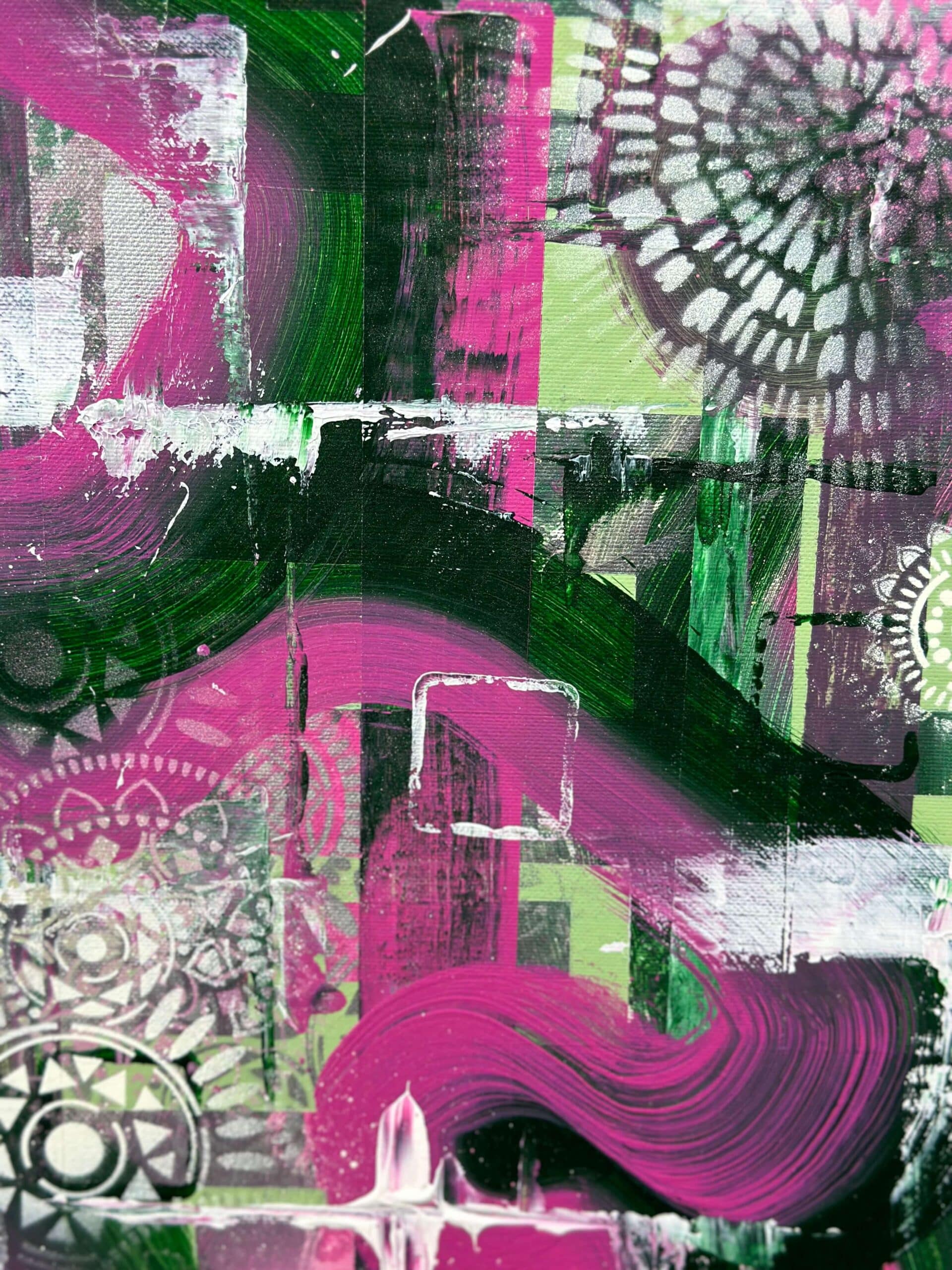 Abstraktně namalovaný obraz akrylem s názvem: Kouzlo přítomnosti