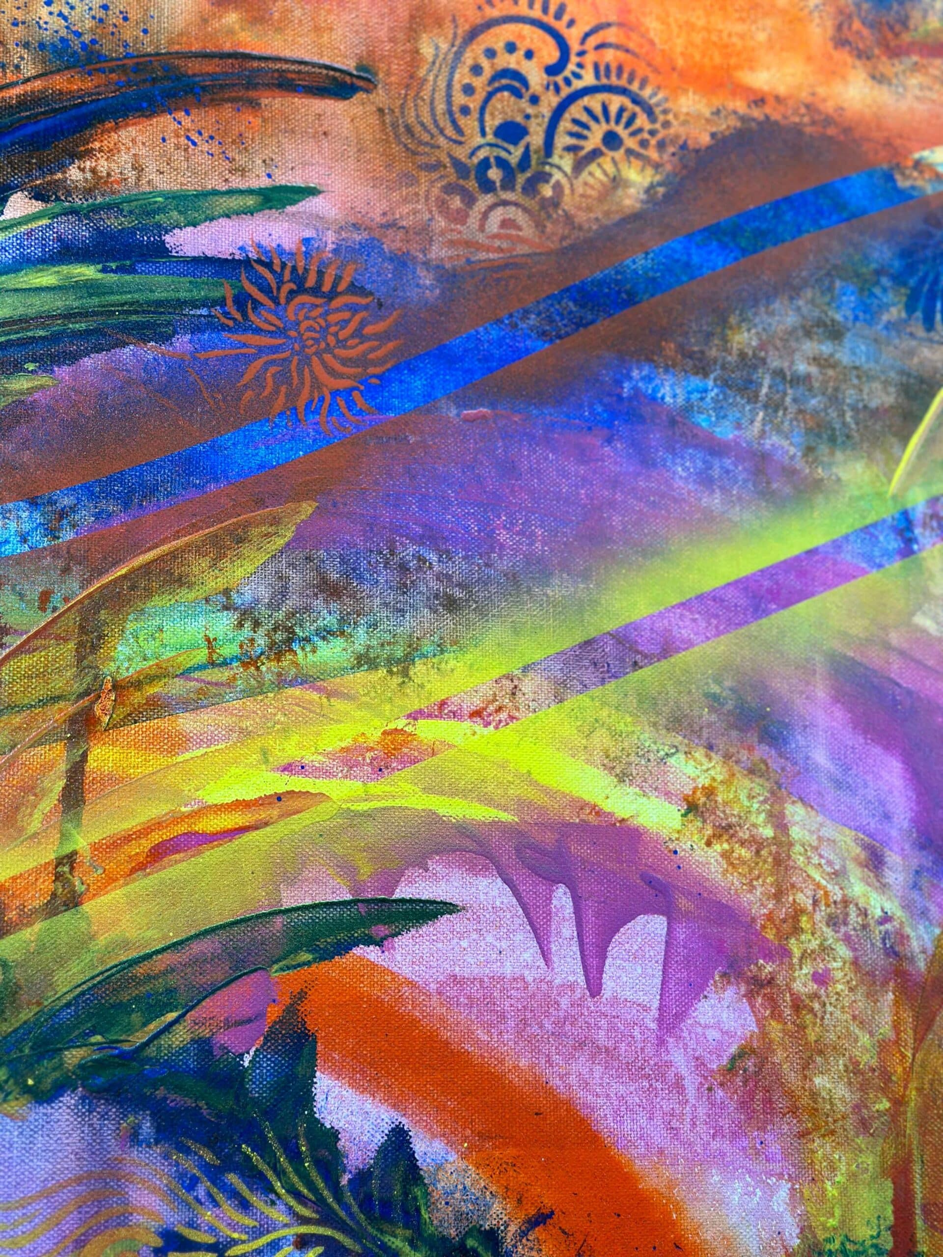 Abstraktně namalovaný obraz akrylem s názvem: Kouzlo přítomnosti Vlny štěstí