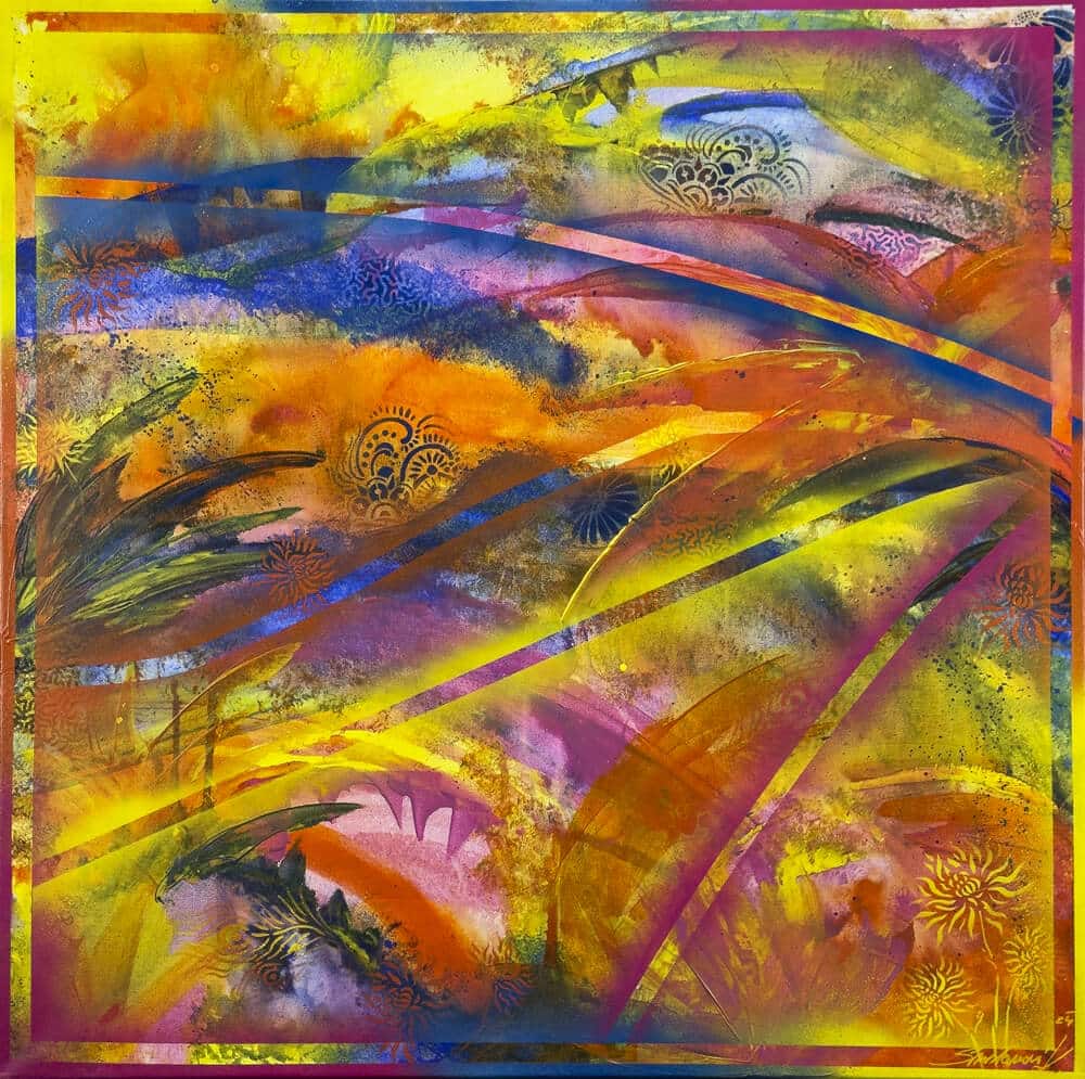 Abstraktně namalovaný obraz akrylem s názvem: Kouzlo přítomnosti Vlny štěstí