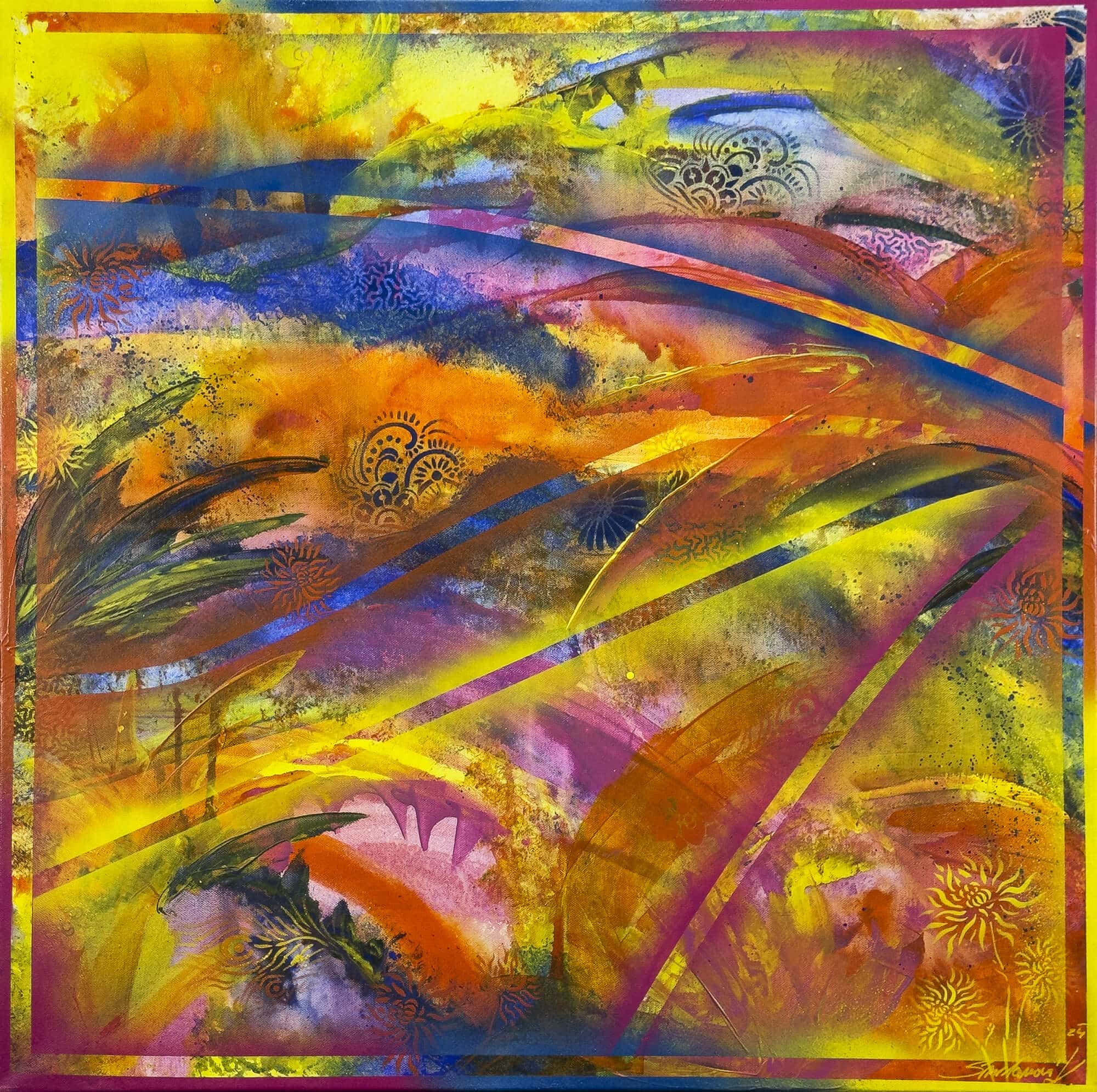 Abstraktně namalovaný obraz akrylem s názvem: Kouzlo přítomnosti Vlny štěstí