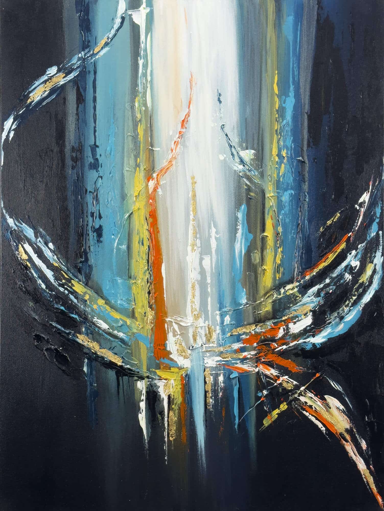 Abstraktně namalovaný obraz akrylem s názvem: Záře v temnotě