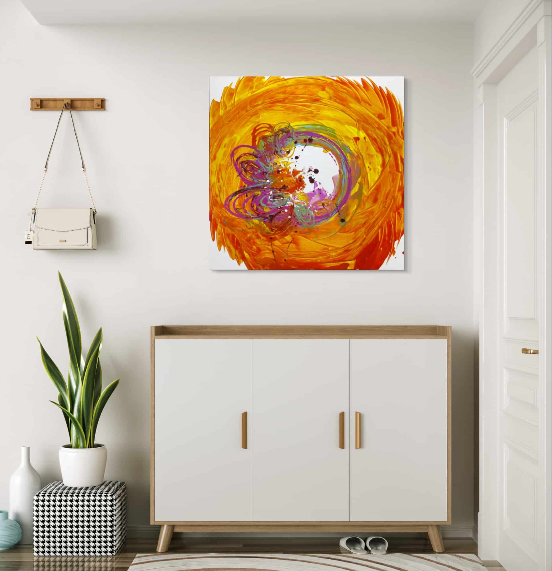 Abstraktně namalovaný obraz akrylem s názvem: Hřejivý úsměv