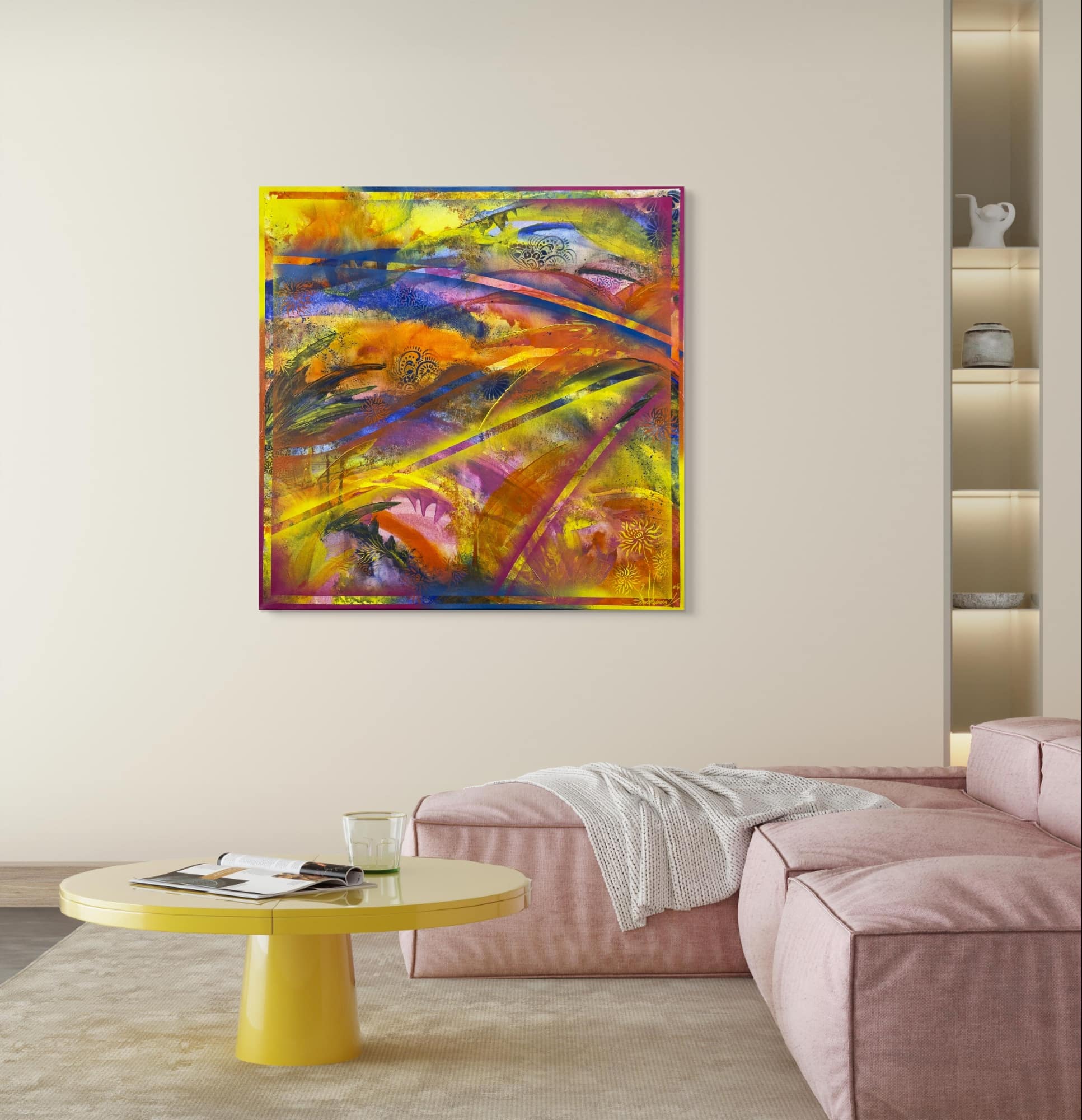 Abstraktně namalovaný obraz akrylem s názvem: Kouzlo přítomnosti Vlny štěstí